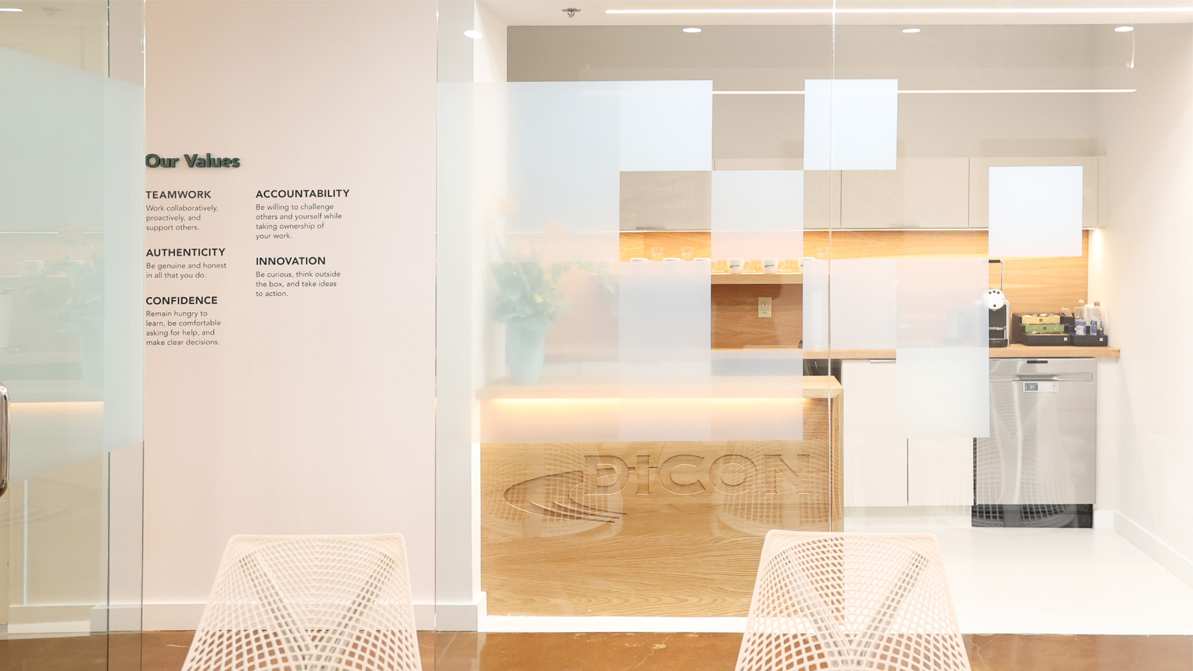 Dicon glass design and values wall