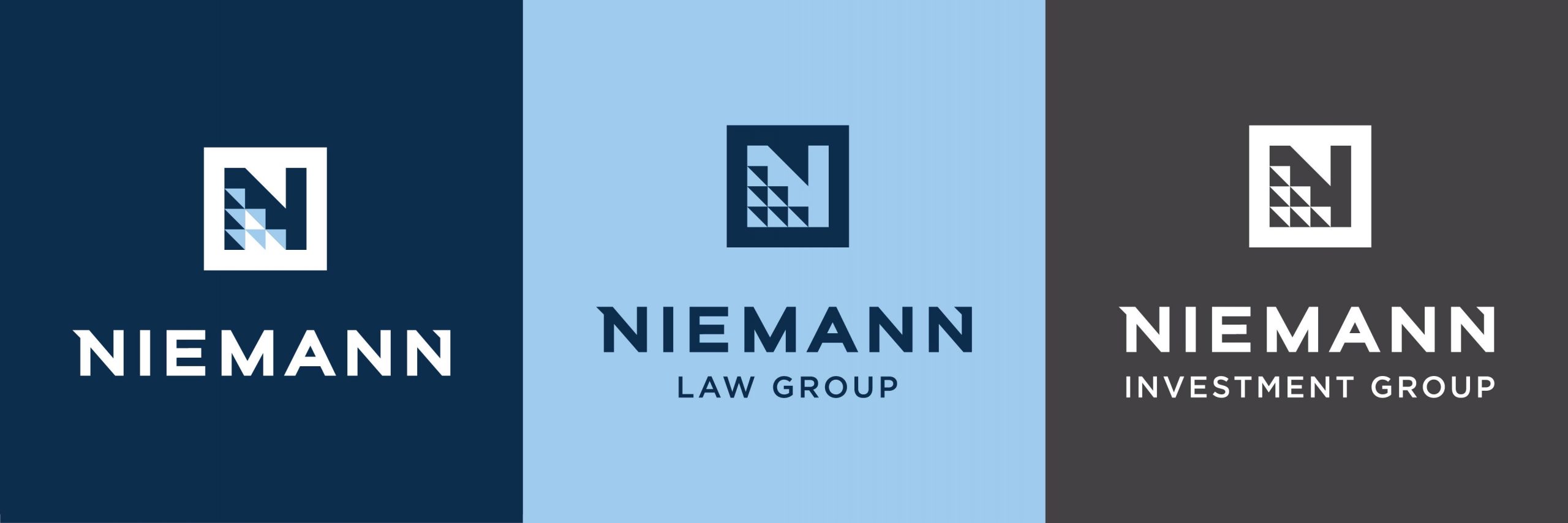 White Niemann logo on dark blue background, dark blue Niemann Law Group logo on light blue background, white Niemann Investment Group logo on dark gray background