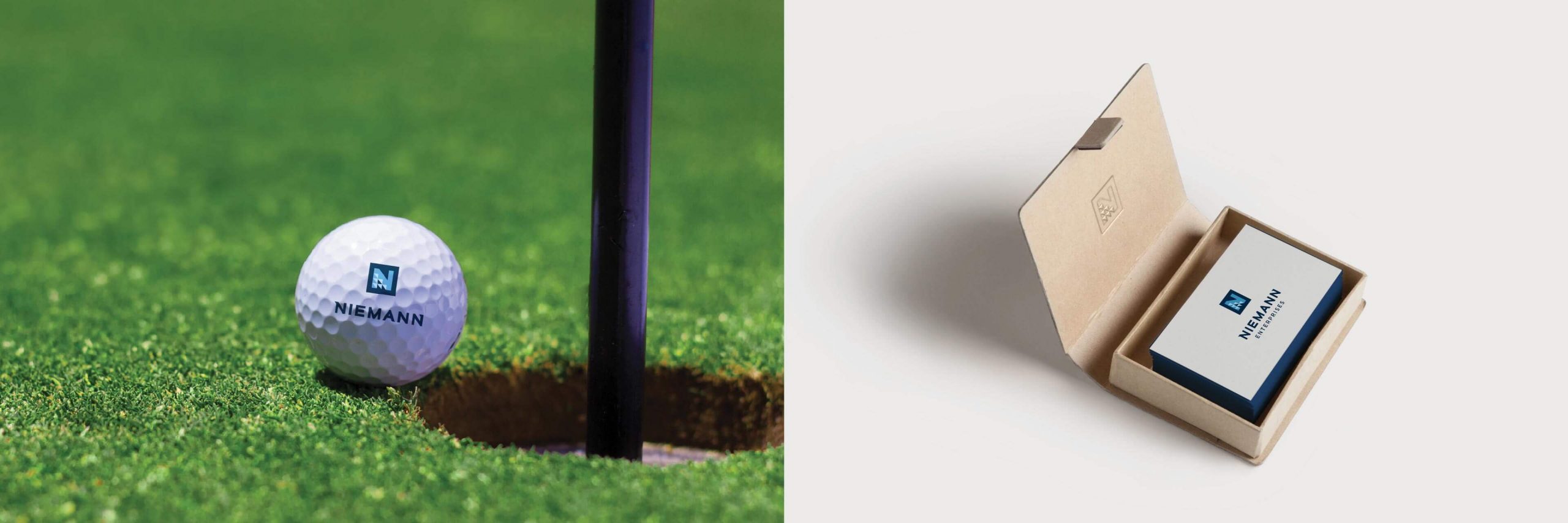 Niemann logo on a golf ball and Niemann logo on a business card