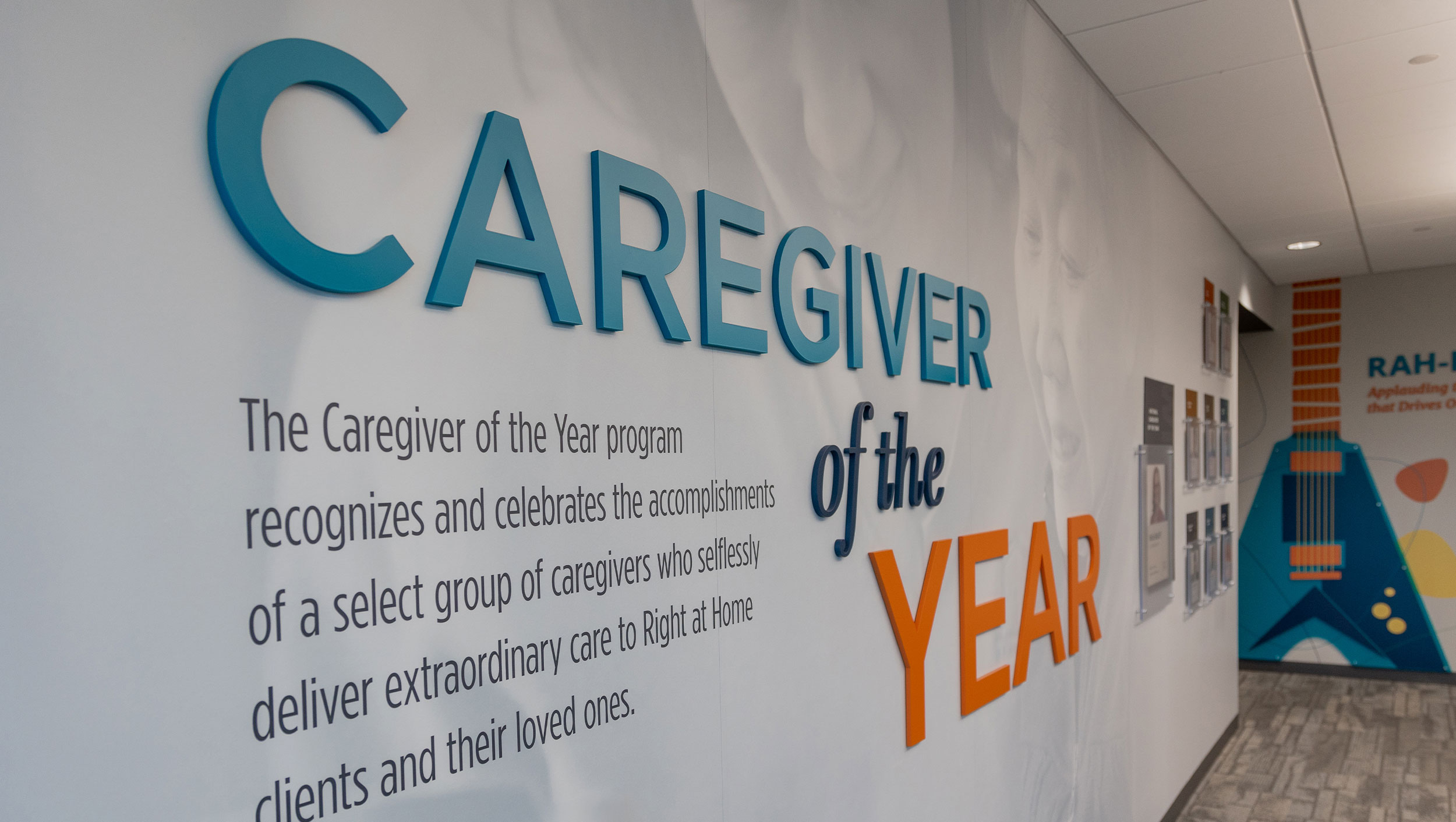 Closeup shot of the Caregiver of the Year installation at Right at Home HQ in Omaha, NE