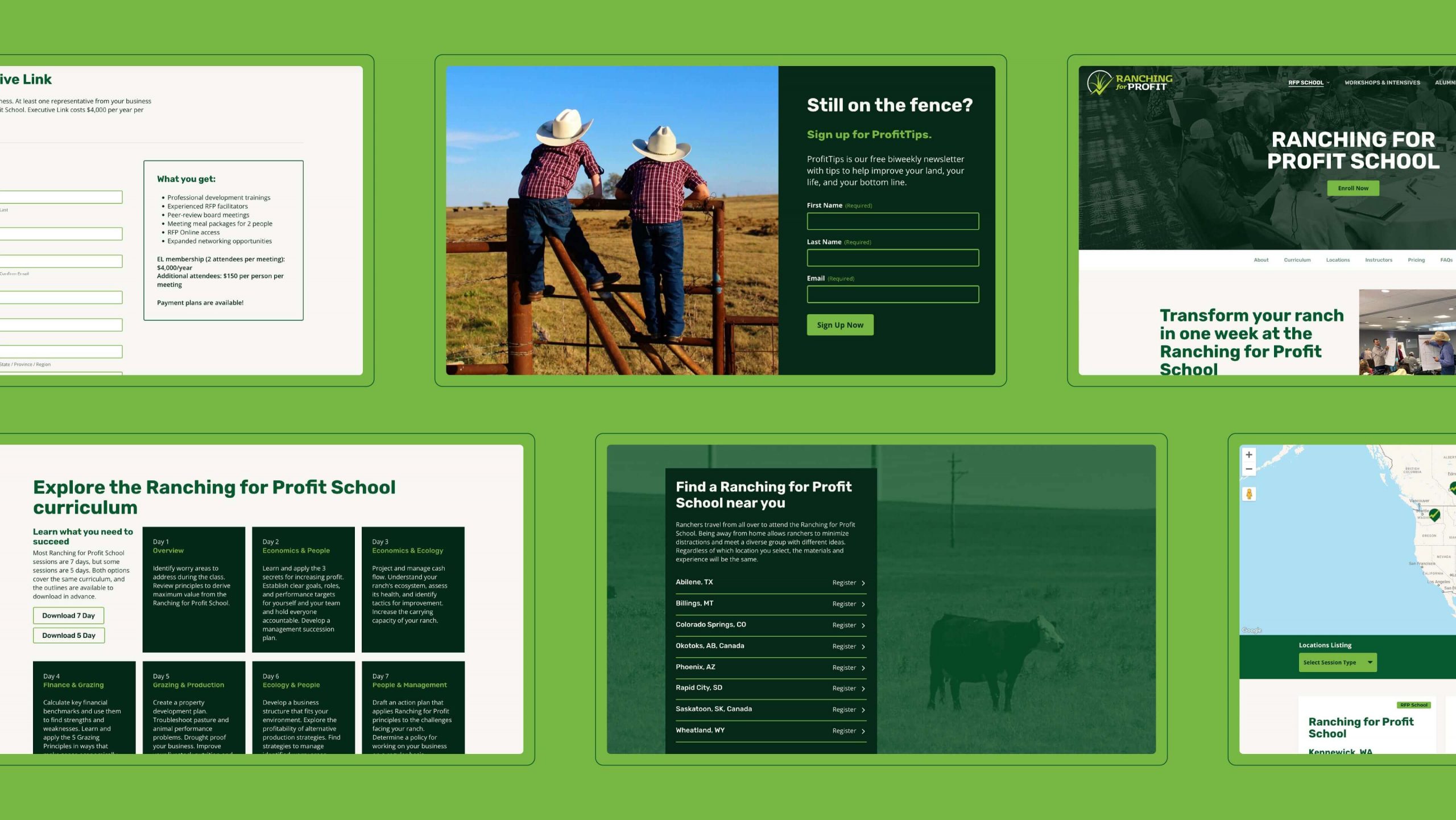 Six different Ranching for Profit website desktop layouts