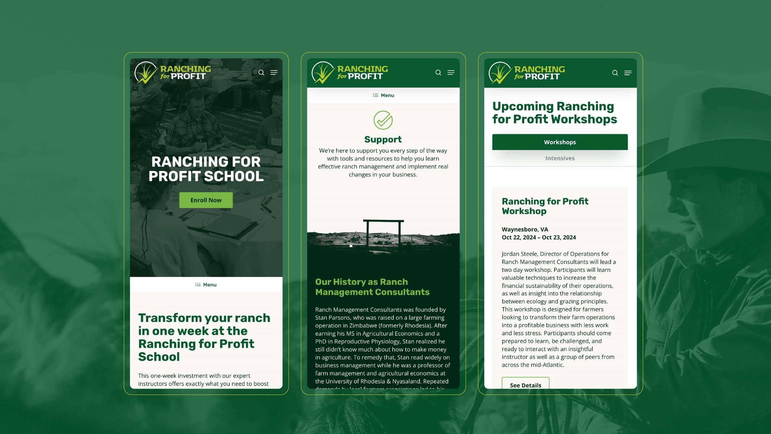 Three mobile views of the Ranching for Profit website
